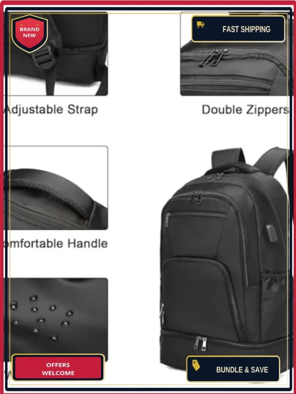 Gym Backpack with Shoe Compartment, USB Charging Port, Waterproof Nylon Laptop